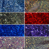 Eight close-up images showcase sequins in blue, gold, red, dark blue, purple, and holographic hues—ideal for adding eye-catching sparkle to stage costumes or bringing extra detail to the Black Sequin Leotard with Dramatic Cascading Skirt – Stage & Performance Costume.