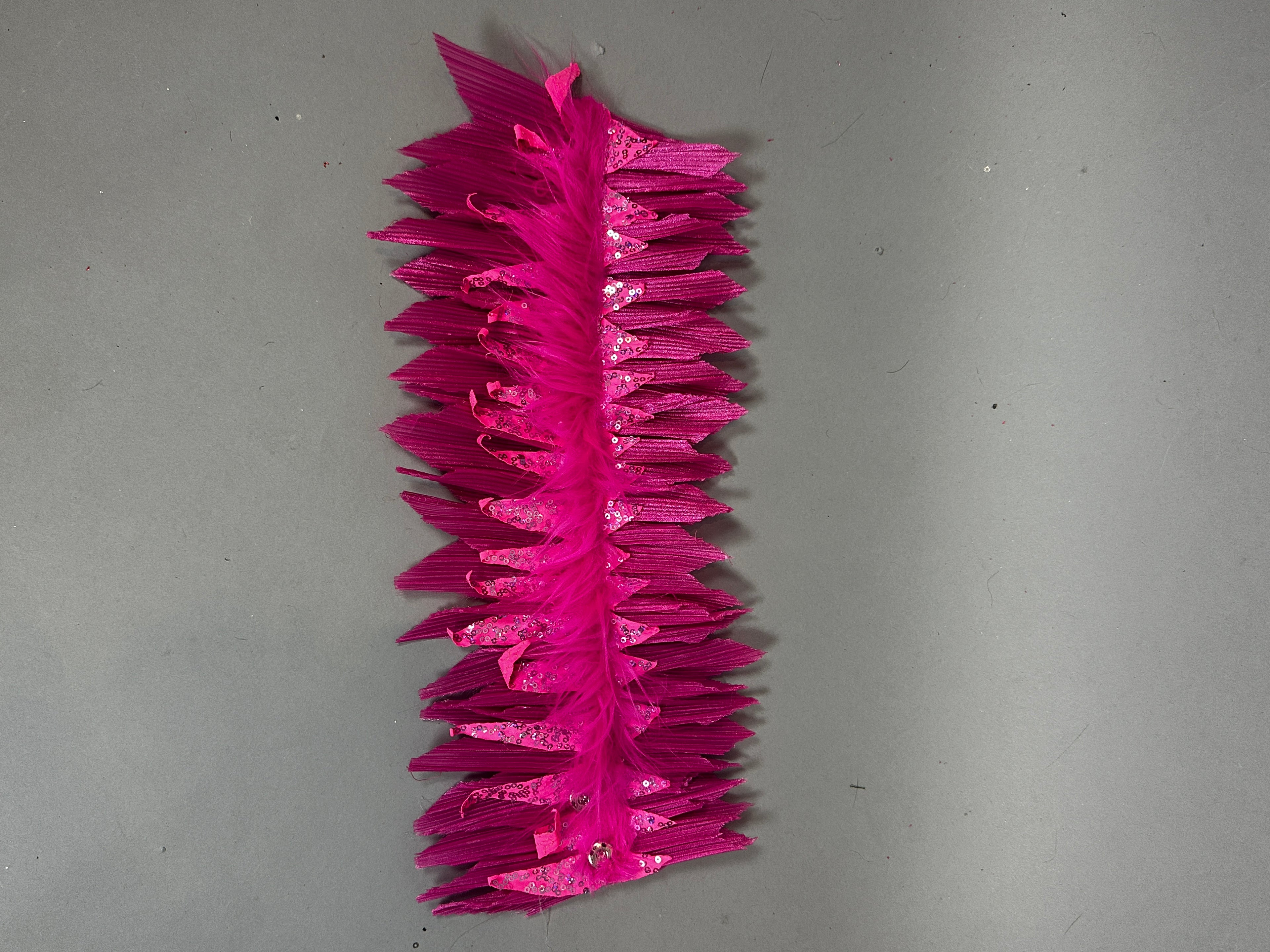 A vibrant Pink Bird full costume for aerial gymnastics, dancers, and TV productions—features feathery pink trim with shiny sequins on gray, perfect for adding flair to your performance look.