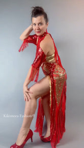 Woman poses in the bearded French accessories Sequin Sheer Dress—backless with beaded fringe—against a plain background, wearing high heels. Text reads "Kikimora Fashion".