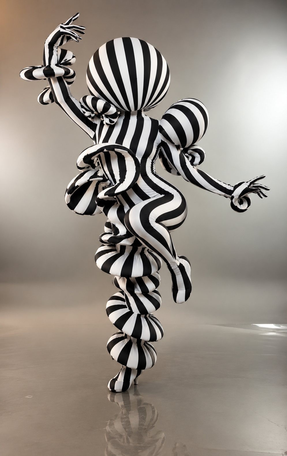 A person wearing the Creature Costume—a custom-fit, avant-garde full body suit made from marble print spandex—strikes a dramatic one-legged pose against a gray background, showcasing this UV glow performance wear and artistic fungus costume.