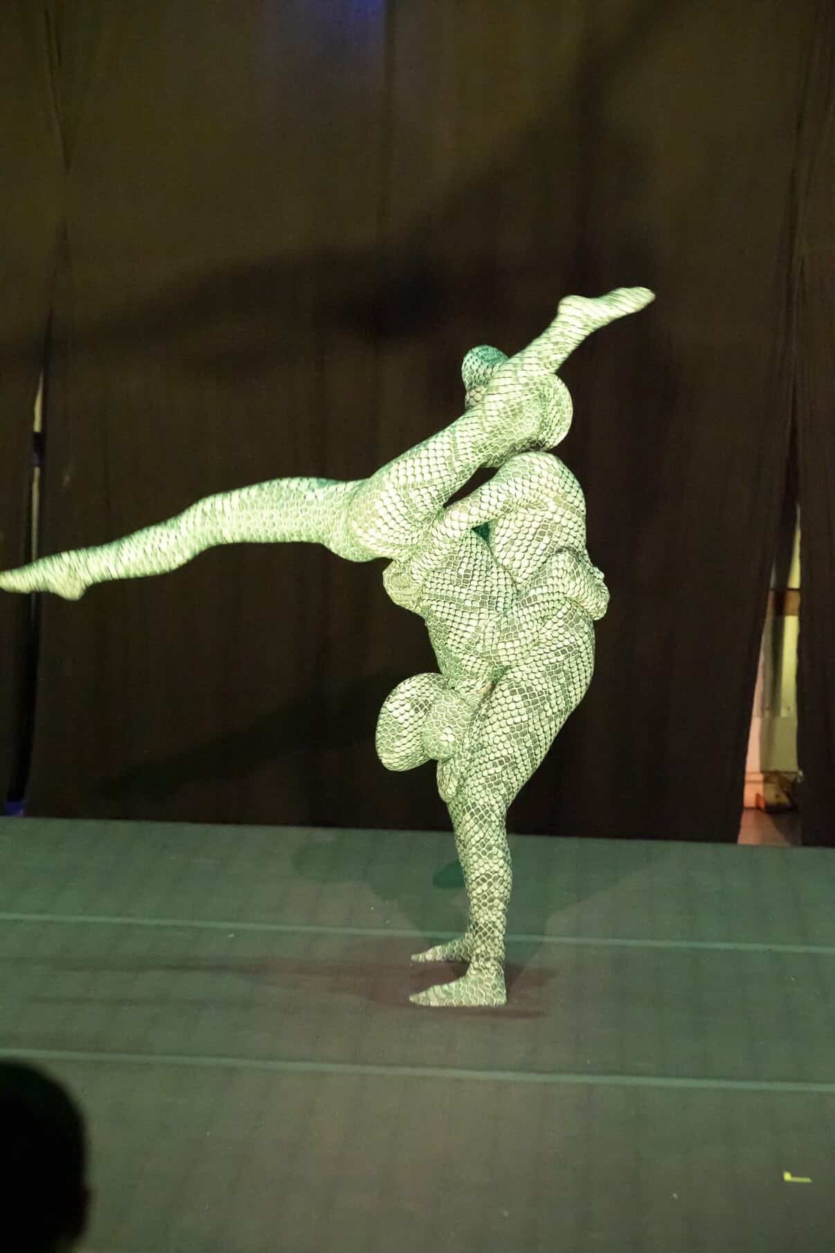 Two performers in matching Green Pixel Cobra Costumes—snake print catsuits with headdresses—present a balancing act on stage against a dark backdrop.