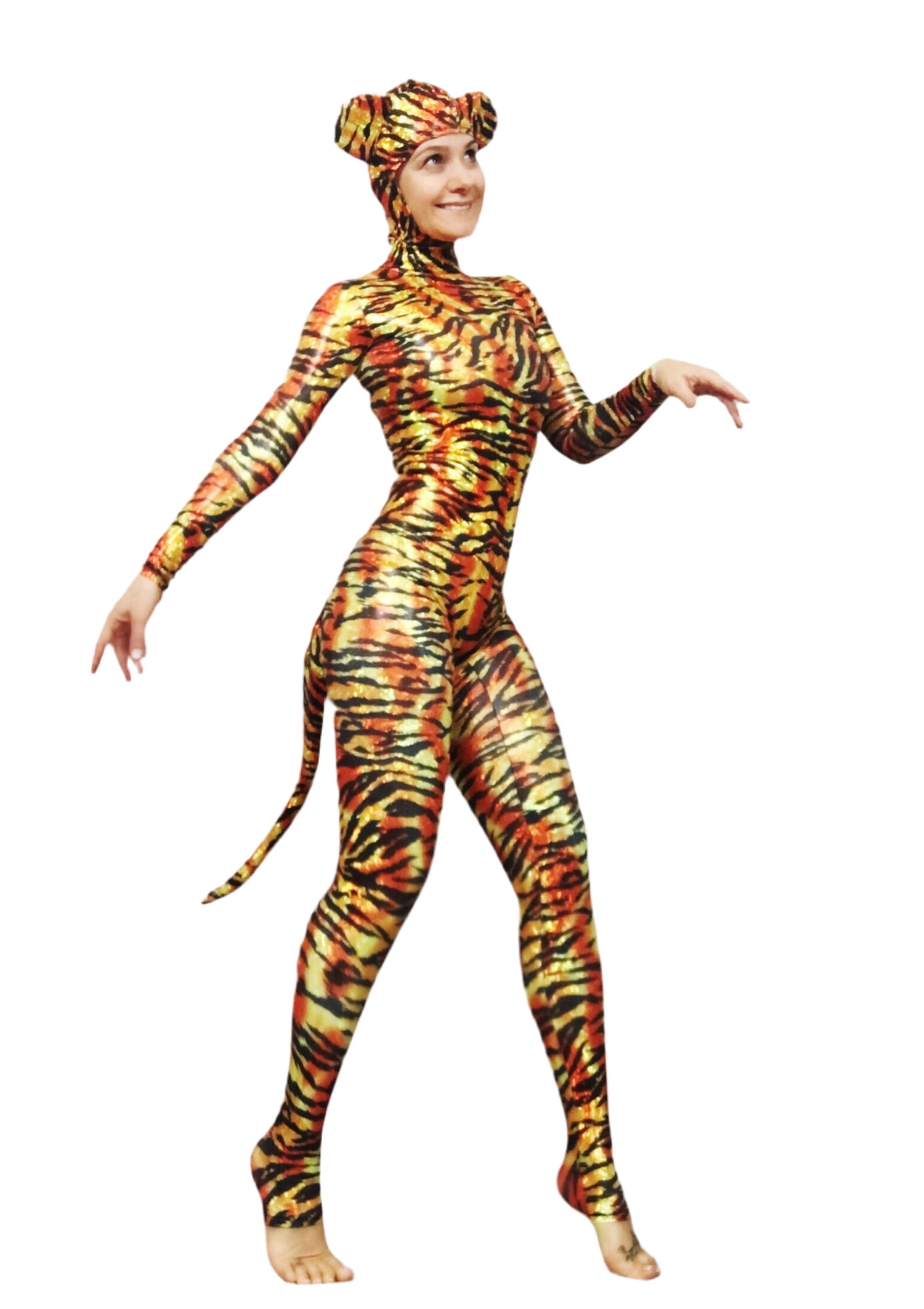 Halloween Costume for Women or Men, Halloween Costume, Cat Headpiece, Cat Tail, Tiger Bodysuit, One Piece Tiger Catsuit