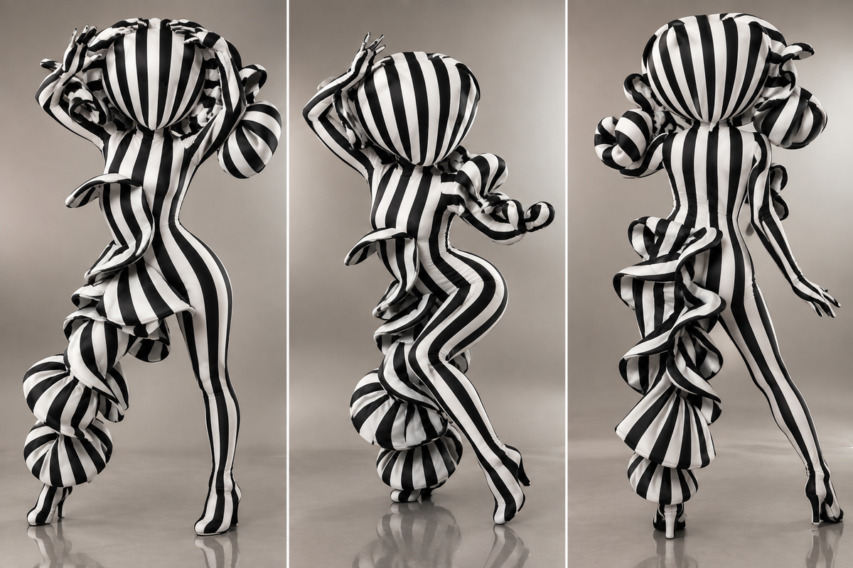 Three views of a person in the Mushroom Creature Costume—a custom fit, avant garde full body suit crafted in marble print spandex with dramatic ruffles and a round headpiece—evoke the artistic allure of a glowing fungus, merging abstract design with performance-ready style.