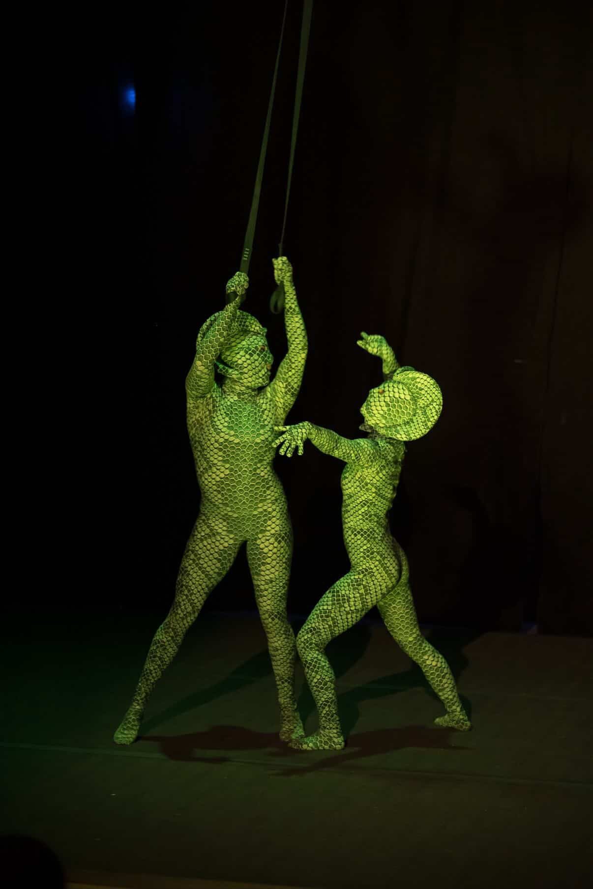 Two performers in Green pixel Cobra Costumes—a snake print catsuit with headdress—pose on stage with aerial straps, their serpent cosplay dance unitards shimmering under the lights against a dark background.