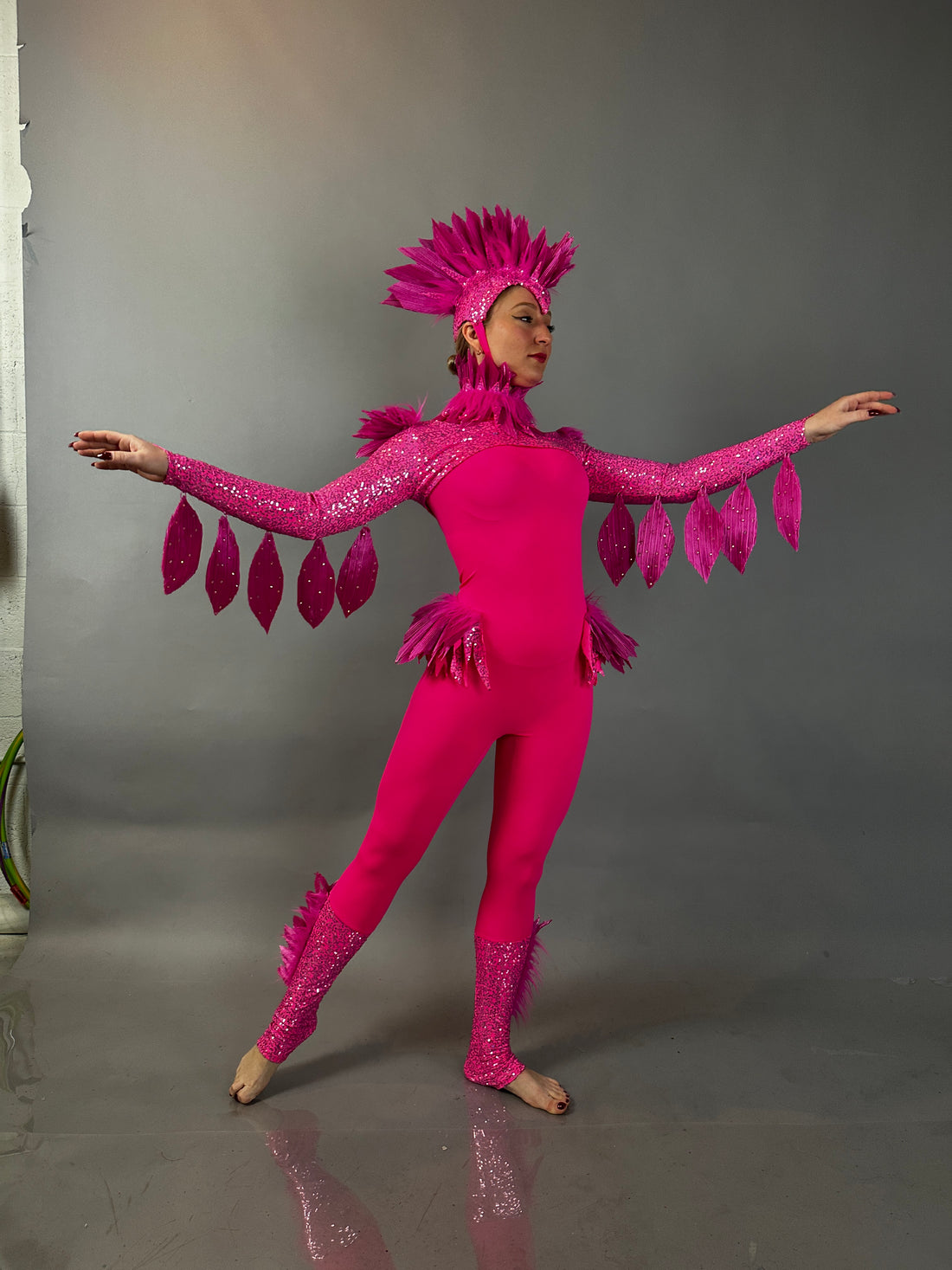 Dazzle on stage in the Pink Bird full costume for aerial and dancers, featuring a vibrant feathered headpiece and outstretched wings—ideal for stunning performances or theatrical shows.