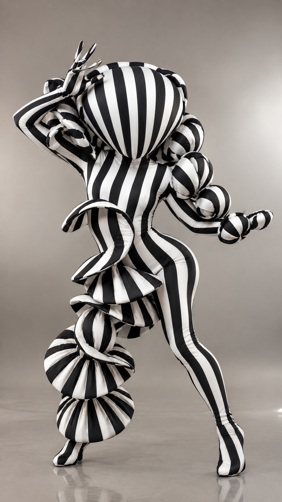 A person poses against a gray background in the Creature Costume—an avant-garde, full body marble print spandex bodysuit with sculptural padded details and UV glow performance wear, showcasing an artistic fungus-inspired design that blurs the line between fashion and art.