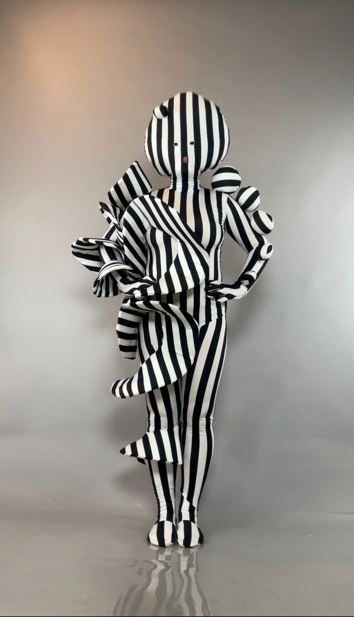 A person wearing a Black and White Striped Creature Costume with sculptural ruffles, a matching mask, and headpiece.