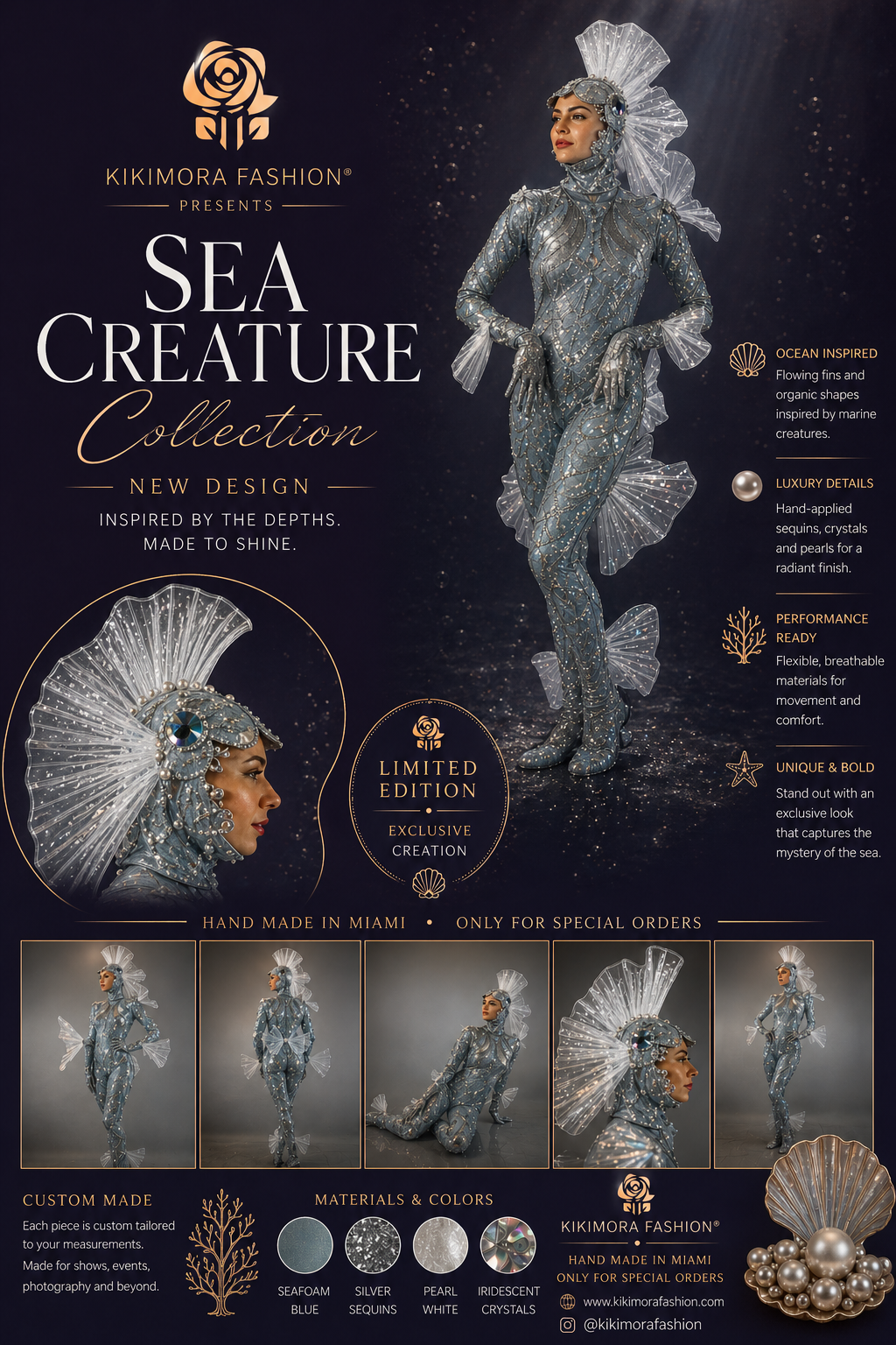 A model showcases the Sea Creature, an ocean-inspired wearable sculpture with a fin-like headpiece, highlighting couture costume design.