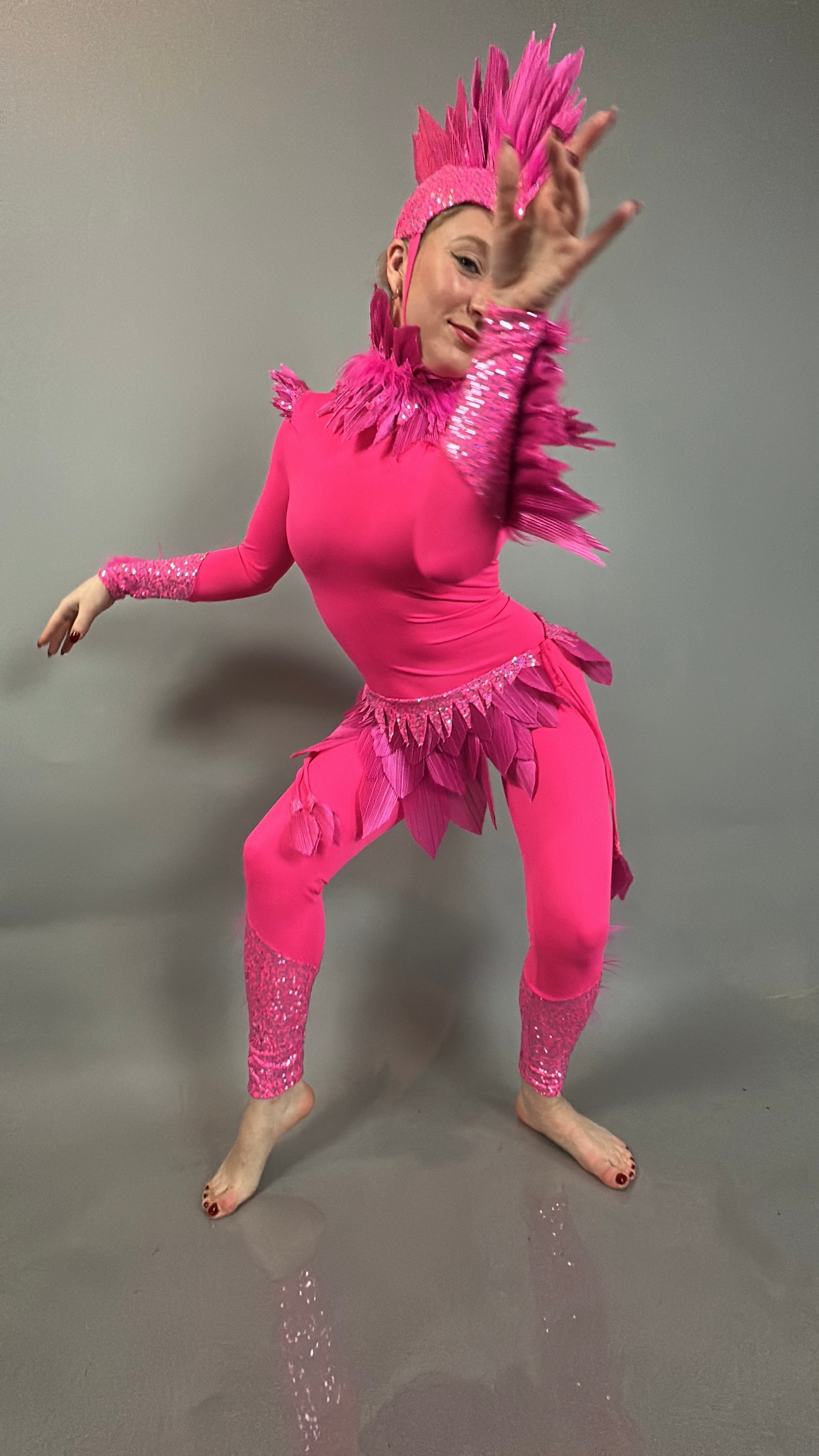 Model wears the Pink Bird full costume for aerial gymnastics, dancers, and TV productions, striking a dramatic pose against a plain background.