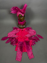 The Pink Bird Full Costume for aerialists and dancers features a mannequin head with a pink feathered headdress and matching sparkly pink costume pieces on a gray background, perfect for dramatic stage or bird-themed performances.