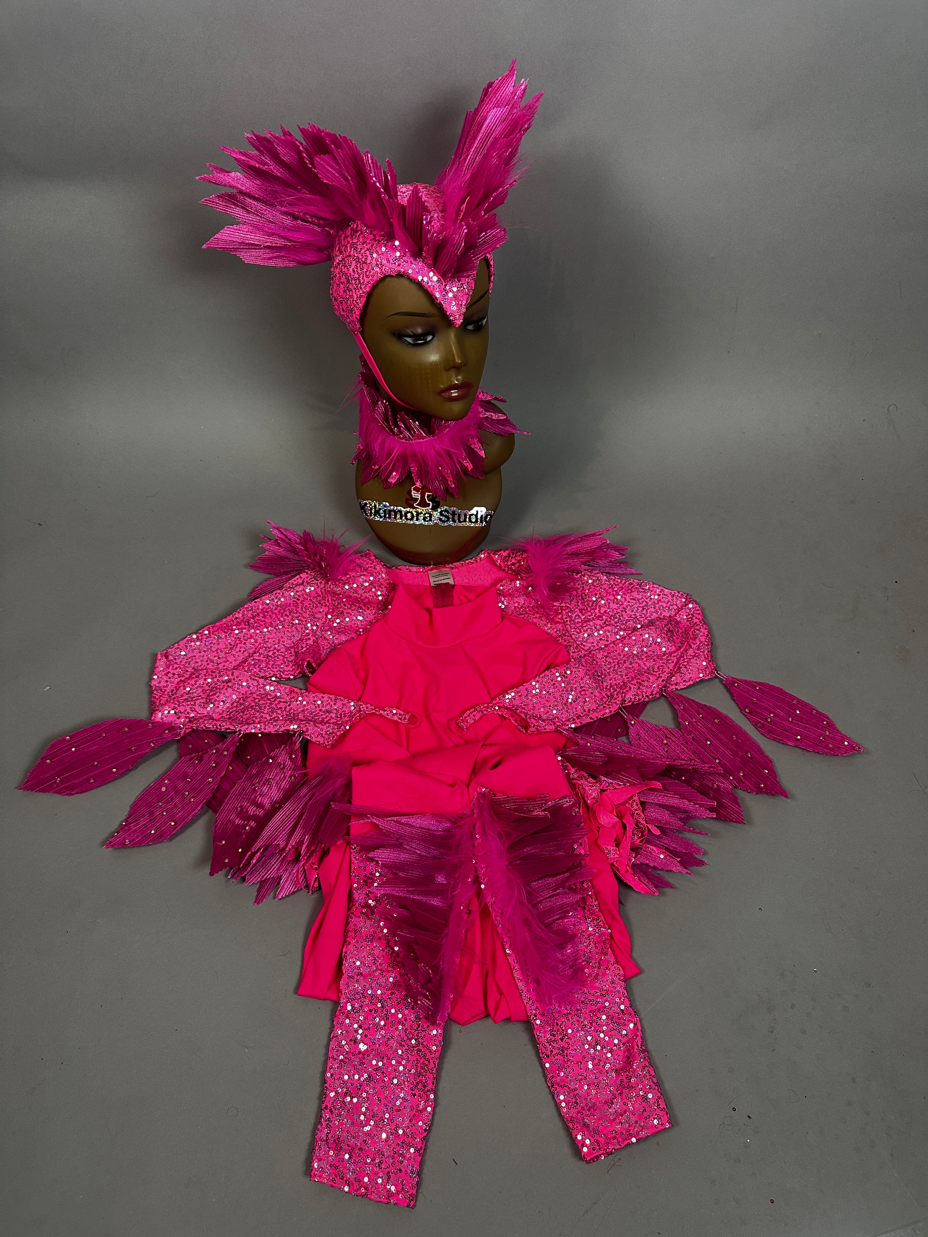 The Pink Bird Full Costume for aerialists and dancers features a mannequin head with a pink feathered headdress and matching sparkly pink costume pieces on a gray background, perfect for dramatic stage or bird-themed performances.