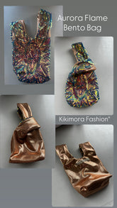 Four views of the Aurora Flame Bento Bag, a handcrafted, reversible, upcycled sequin mini tote with bronze accents and a Japanese-style bento closure—a sustainable fashion accessory.