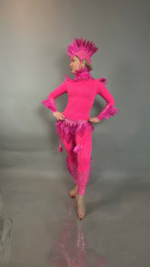 Wearing a Pink Bird Headpiece—fairy hat accessory and aerialist headwear—this person poses confidently in a vibrant festival outfit, perfect as a theatrical costume prop or rave costume.