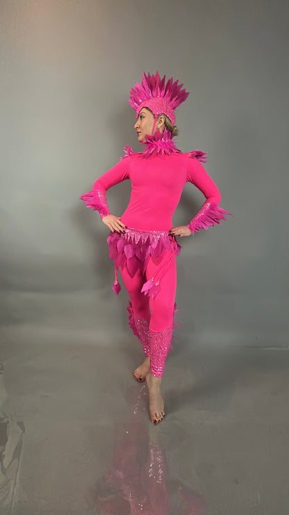 Wearing a Pink Bird Headpiece—fairy hat accessory and aerialist headwear—this person poses confidently in a vibrant festival outfit, perfect as a theatrical costume prop or rave costume.