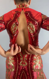 A person wears the Red And Gold Sequin Sheer Dress, a sleeveless gown with shimmering sequins and hand accessories, featuring an open back zipper for an elegant and eye-catching look at any event.