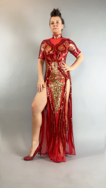 Confident woman in a Red and Gold Sequin Sheer Dress, sleeveless, styled with hand accessories and matching heels, striking a stylish pose.