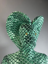 Model poses in the Green pixel Cobra Costume, a custom-made snake print catsuit with a striking headdress, perfect for serpent cosplay, contortionists, or dance performances—shown here against a gray backdrop.