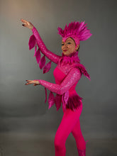 The Pink bird full costume for aerial and dancers features a vibrant feathered design, making it ideal for stage performances, dance shows, or theatrical productions.