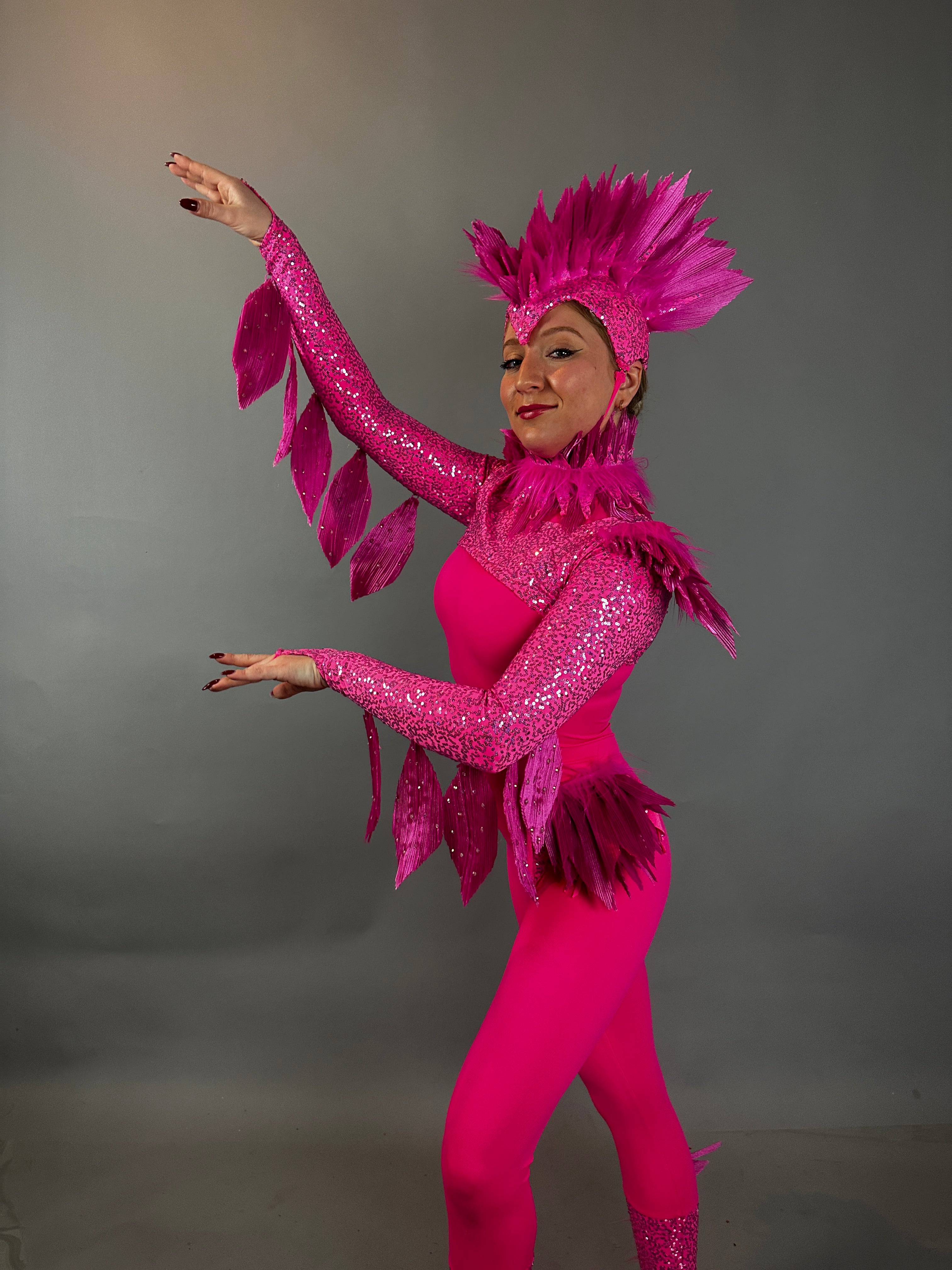 The Pink bird full costume for aerial and dancers features a vibrant feathered design, making it ideal for stage performances, dance shows, or theatrical productions.
