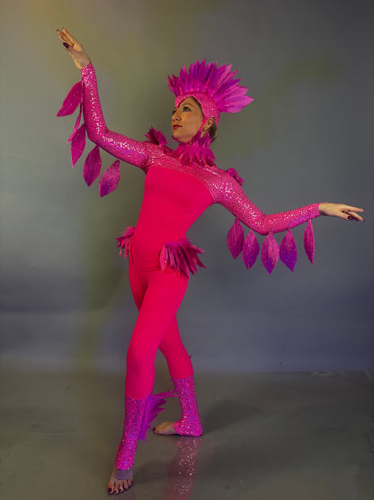 The Pink Bird full costume for aerial and dancers features a feathered headpiece and wings, ideal for stage performances or theatrical shows, letting you stand out with vibrant color and graceful movement.