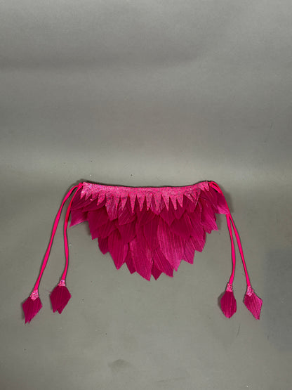 A pink bird full costume for aerial gymnastics, dancers, and TV productions is displayed on a plain gray background, featuring petal-like details and four tassels reminiscent of whimsical stage wear.