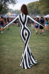 A person wears the Rave White Striped Catsuit with bellbottom legs outdoors at a festival, arms outstretched, highlighting this bold festival performer outfit.