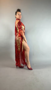 Woman in the bearded French accessories Sequin Sheer Dress—backless with beaded fringe—poses confidently in red heels against a plain background.