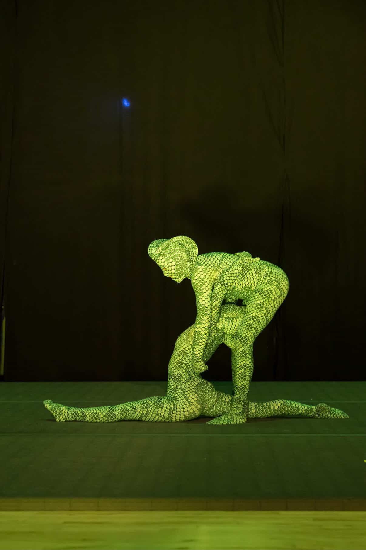 Two performers in Green Pixel Cobra Costumes—snake print catsuits with matching headdresses—pose onstage; one kneels over the other, who performs a split, showcasing the custom-made contortionist dance unitards.