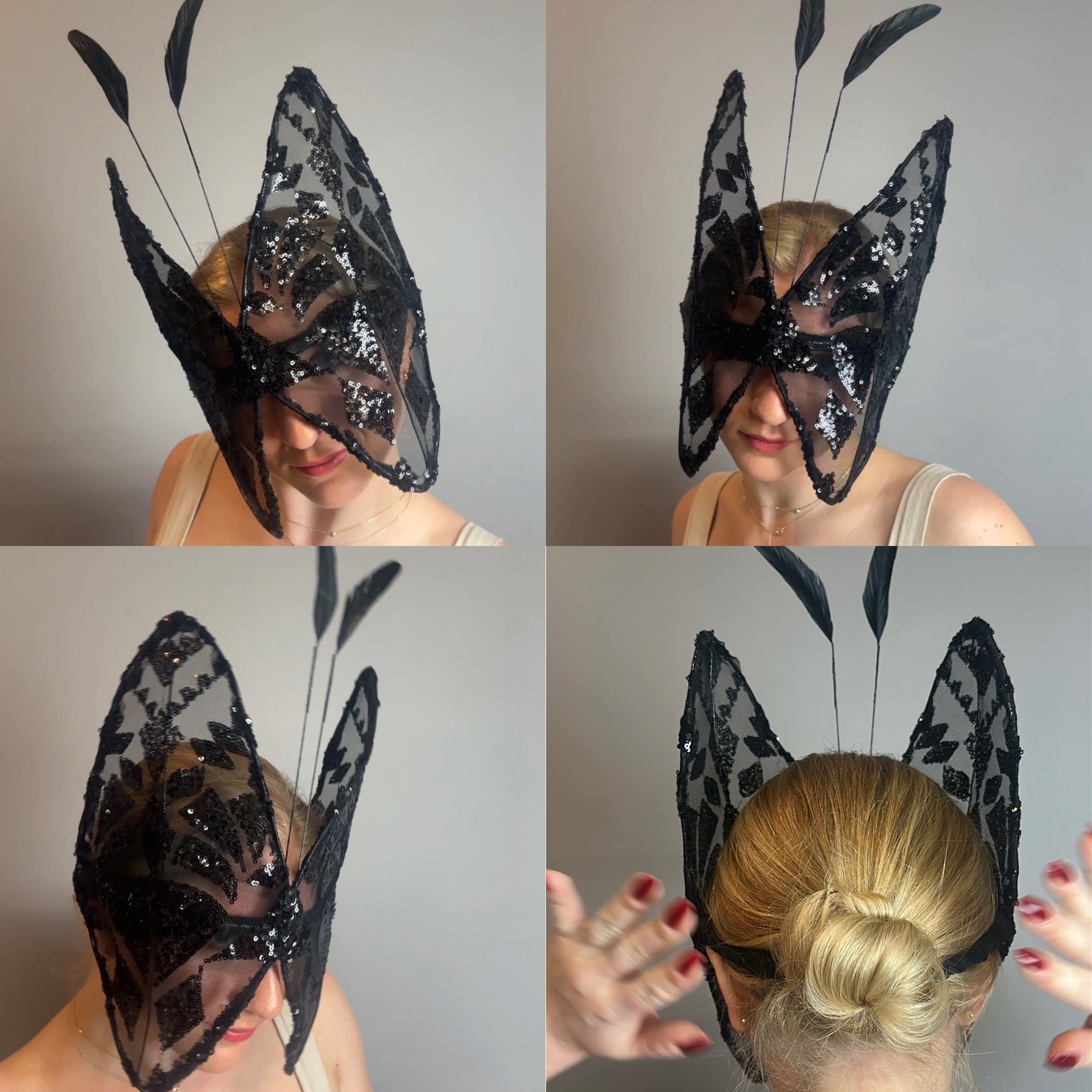Woman wearing the Butterfly Headpiece—an open face black lace hat with antennae, a festive holiday costume accessory—shown from multiple angles.