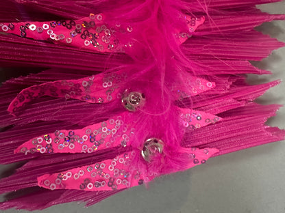 Bright pink textured Pink bird full costume for aerial gymnastics, dancers, and TV productions, decorated with sequins, feathers, and shiny beads on a grey surface—ideal for performances or themed events.