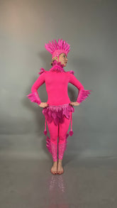 A person in the Pink Bird full costume for aerial gymnastics, dancers, and TV productions poses barefoot against a plain gray background.