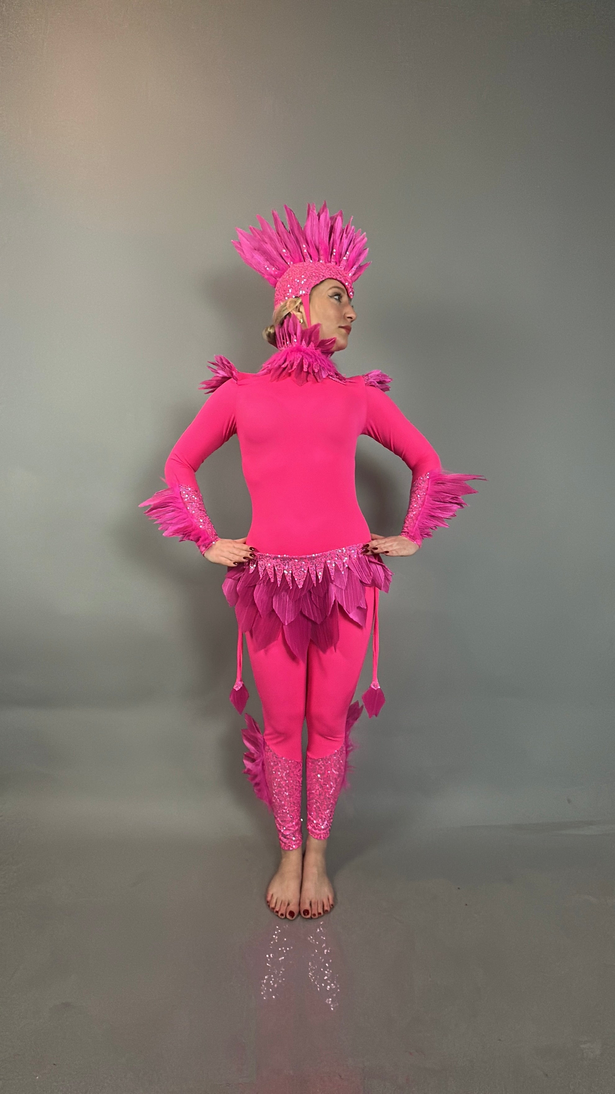 A person in the Pink Bird full costume for aerial gymnastics, dancers, and TV productions poses barefoot against a plain gray background.