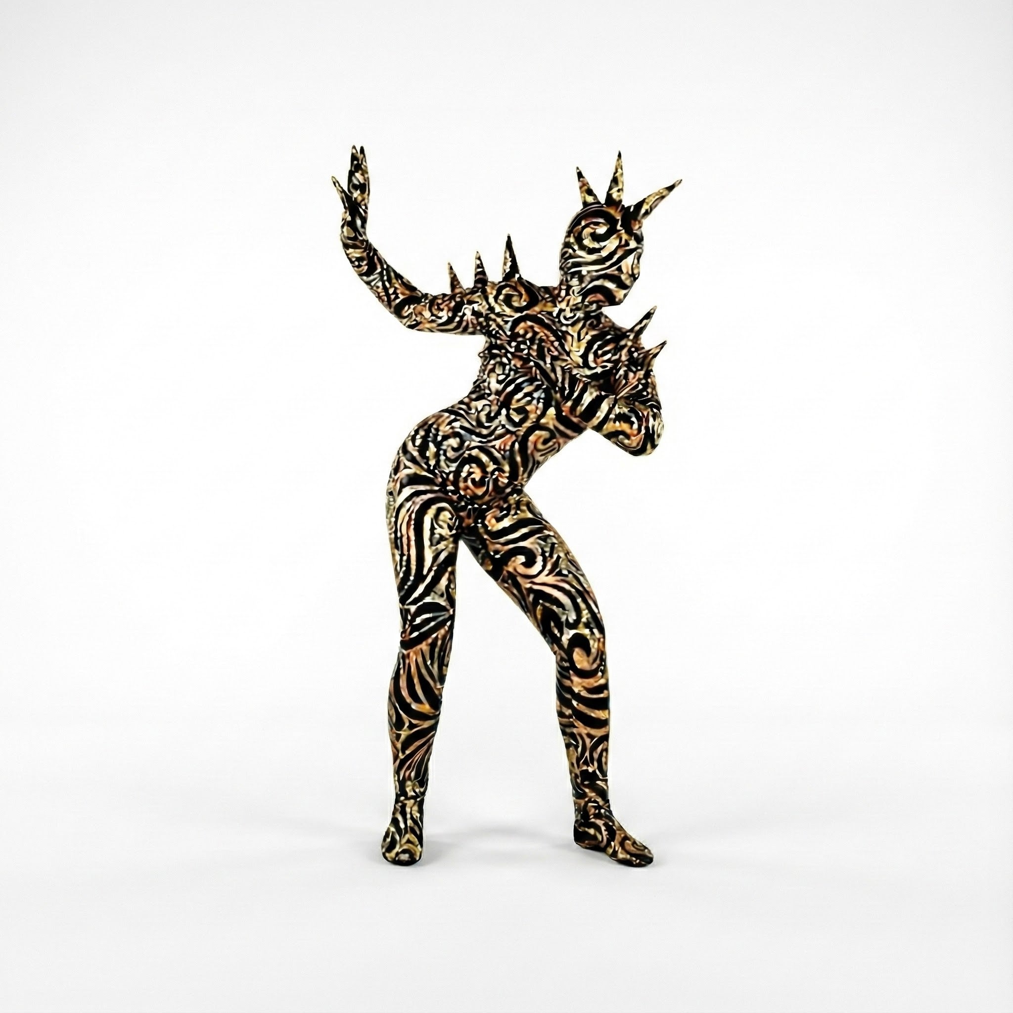 Model wears the Alien Full Body Costume Set—turtleneck catsuit with black and gold swirls, spiked accessories, and an open-eye spiked headpiece—for a bold, futuristic look.