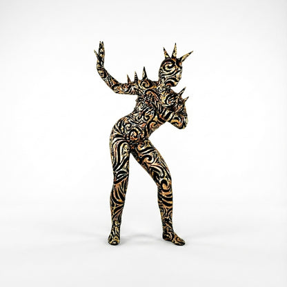 Model wears the Alien Full Body Costume Set—turtleneck catsuit with black and gold swirls, spiked accessories, and an open-eye spiked headpiece—for a bold, futuristic look.