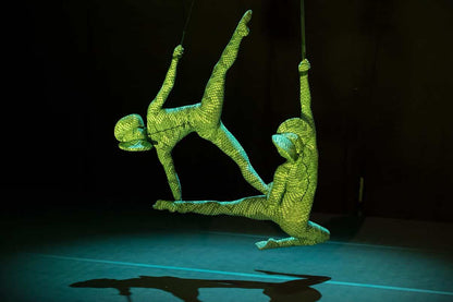 Two acrobats wear custom-made Green Pixel Cobra Costumes—snake print catsuits with headdresses—as they perform a suspended aerial act against a dark background.