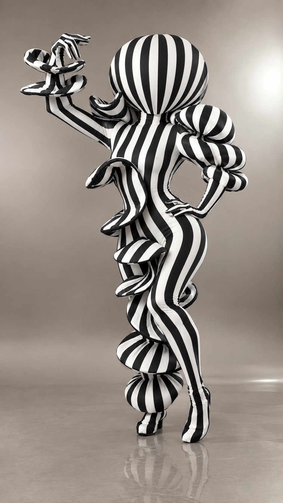 A person poses against a neutral background wearing the Creature Costume, an avant-garde full-body suit crafted from marble print spandex. The sculptural, puffy silhouette of this custom-fit, artistic fungus costume creates an abstract look reminiscent of mushroom forms, and its UV glow performance wear makes it perfect for making a statement.