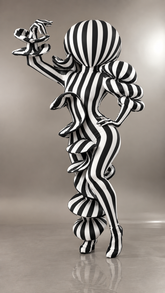 A person poses against a neutral background wearing the Creature Costume, an avant-garde full-body suit crafted from marble print spandex. The sculptural, puffy silhouette of this custom-fit, artistic fungus costume creates an abstract look reminiscent of mushroom forms, and its UV glow performance wear makes it perfect for making a statement.