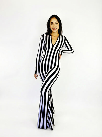 Beetlejuice Black and White Striped Catsuit, Bellbottom Legs, Front Zip