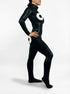 A person in a Black Googly Eyes Catsuit with full sleeves and turtleneck, featuring white circle designs, stands in a side pose against a white background.