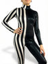 Person wearing a Black and White Split Fabric Catsuit Jumpsuit featuring full sleeves, turtleneck, and a design with one half solid black and the other half with black-and-white vertical stripes.