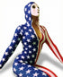 Model wearing the Bodysuit for Women—an American Flag-themed Zentai Costume with white stars, red stripes, mask, and hood—posing against a white background. Custom sizes available.