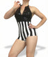 Model wearing a custom-made circus themed bodysuit, perfect for women or men. This USA-made outfit channels vintage circus vibes—ideal for clown costumes, parties, or exotic dancewear.