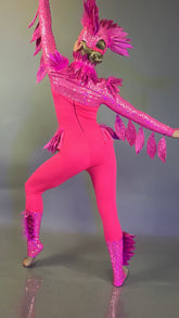 Dazzle on stage in the Pink bird full costume for aerial and dancers—featuring bright pink feathers and sparkly details, perfect for any theatrical show or performance!.