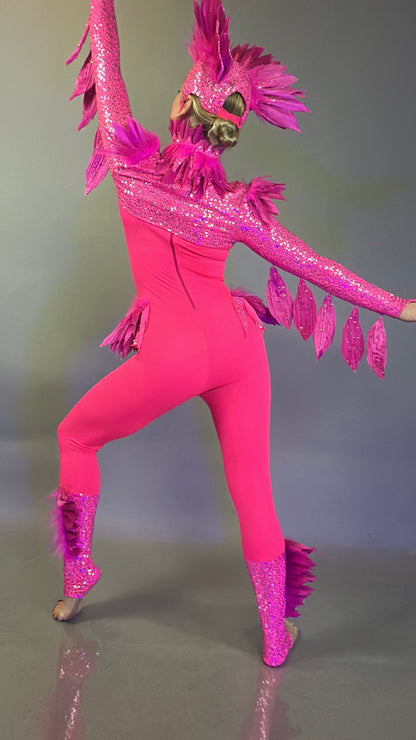 Dazzle on stage in the Pink bird full costume for aerial and dancers—featuring bright pink feathers and sparkly details, perfect for any theatrical show or performance!.