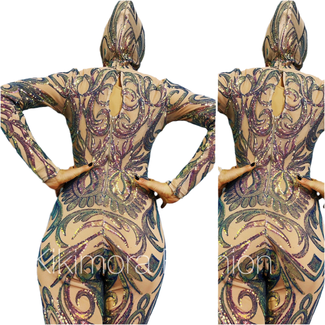 A person in a detailed Spandex Catsuit featuring intricate multicolored patterns, reminiscent of custom-made circus attire, poses with hands on hips.