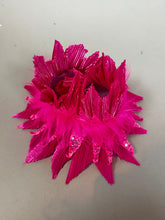 The Pink bird full costume for aerial gymnastics, dancers, and TV productions features bright pink, feathery, and sparkly decorative cuffs or accessories displayed on a plain gray surface.