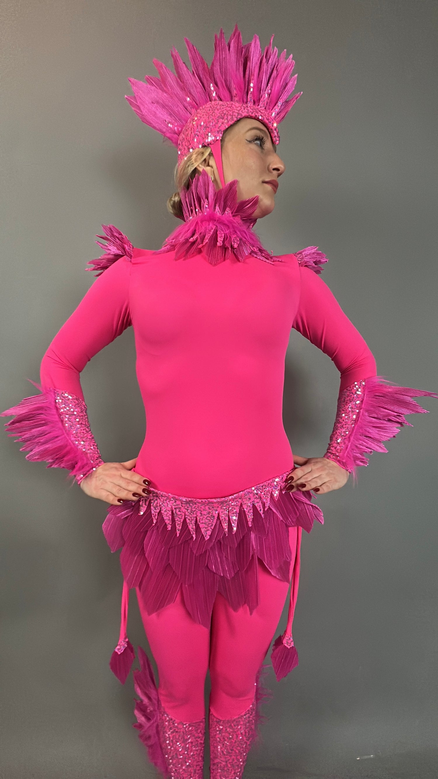 A person poses in the Pink Bird full costume for aerial gymnastics, dancers, and TV productions, featuring a feathered headpiece and collar—ideal for dazzling stage performances.