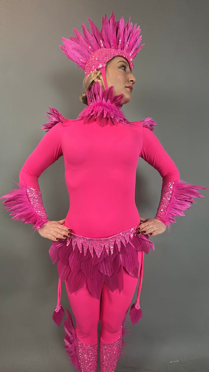 A person poses in the Pink Bird full costume for aerial gymnastics, dancers, and TV productions, featuring a feathered headpiece and collar—ideal for dazzling stage performances.
