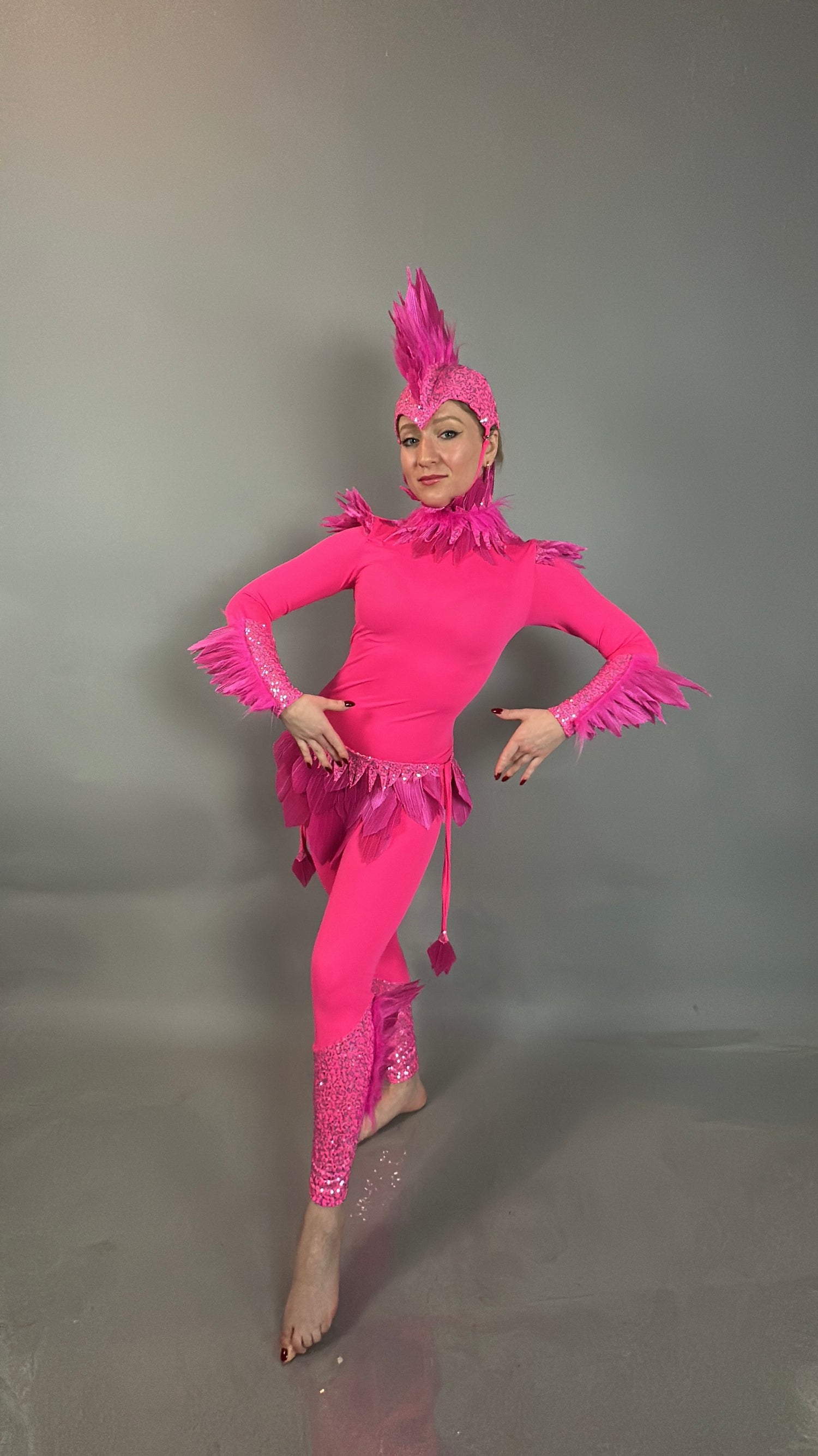 Model wears the Pink Bird full costume for aerial gymnastics, dancers, and TV productions, featuring a feathered headdress and glittery details, strikingly posed against a gray background.