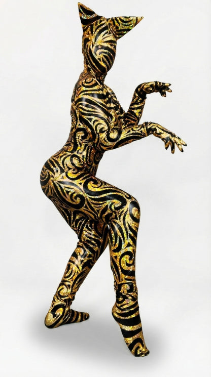 Person models a Cat Costume with a beautiful fantasy headpiece and spandex catsuit, perfect for Halloween or dancewear, in gold and black patterns against a white background. Trending now!.